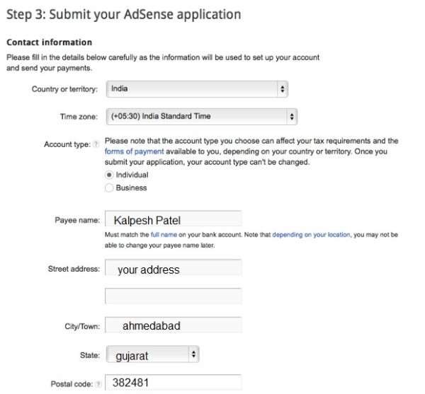 Google Adsense Application Contact Information