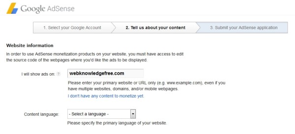 Sign Up for Google Adsense Step2 - Enter website Url