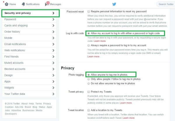 twitter security and privacy settings